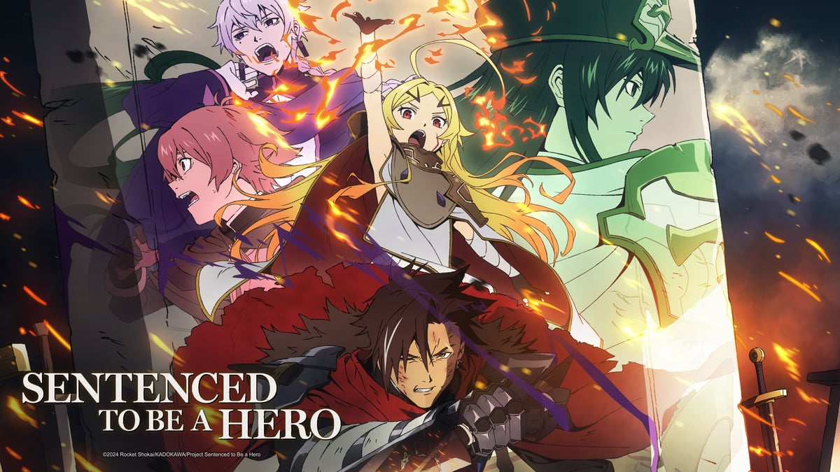Sentenced to Be a Hero anime poster depicting a group of criminals battling grotesque monsters in a grim, foggy fantasy landscape